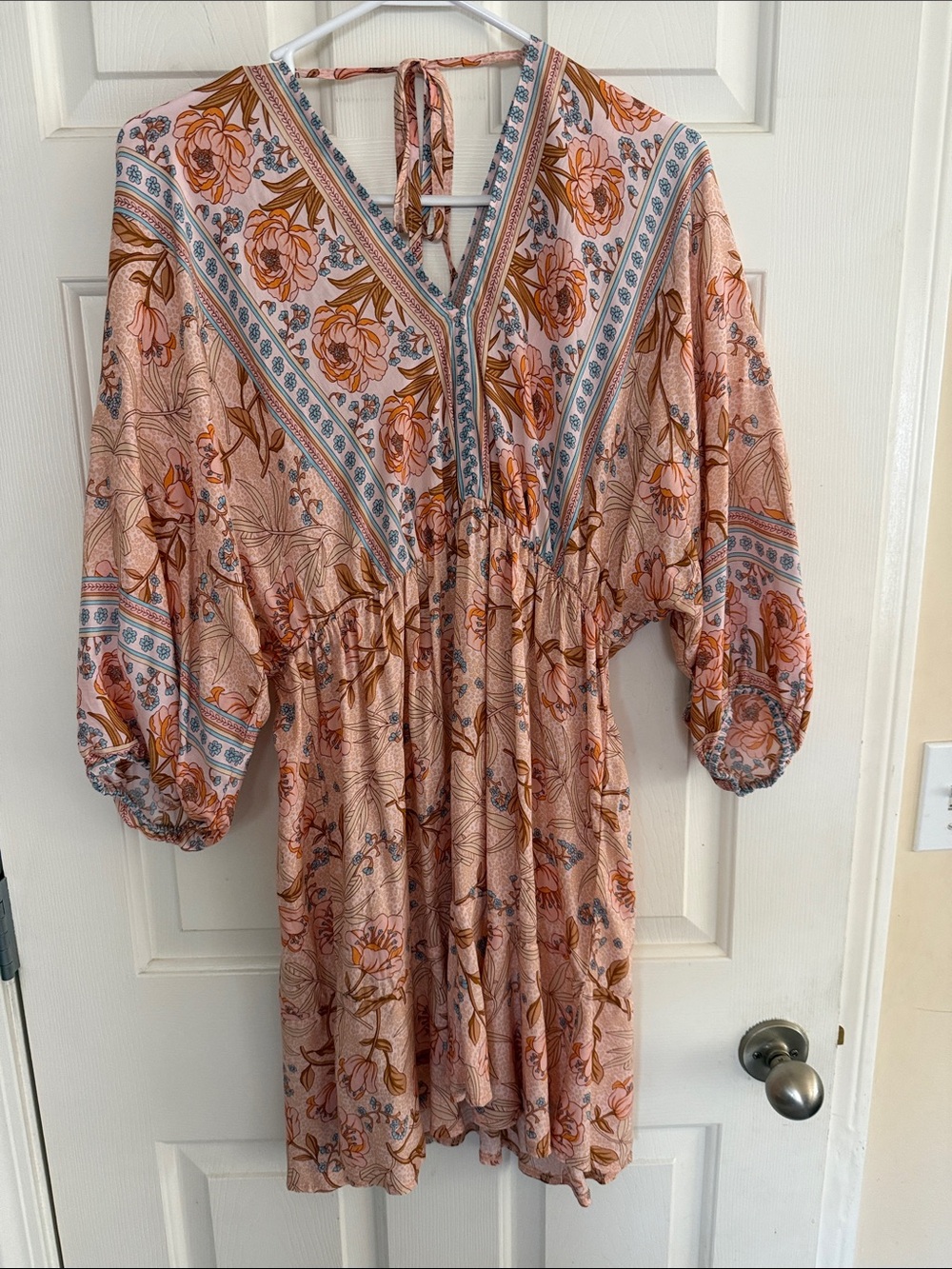 Floral Boho Peasant Cottage Core Peach Anna-Kaci  V-Neck Mini Dress L